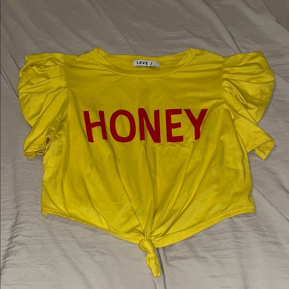 Love J Yellow Tee with Red 'Honey' Graphic